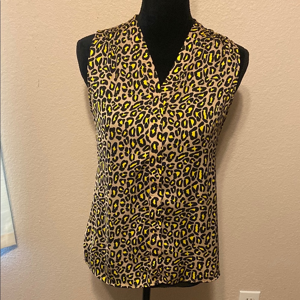 Tan Sleeveless Blouse Leopard Print Button Up